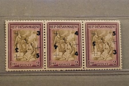 SAN MARINO - 1947, Beneficenza, Trittico del 2 lire con bella varietà di...