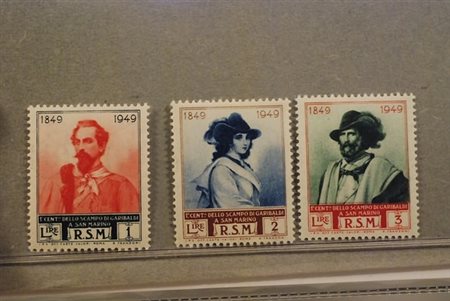 SAN MARINO - 1949, Garibaldi, i 3 valori con filigrana ruota III...