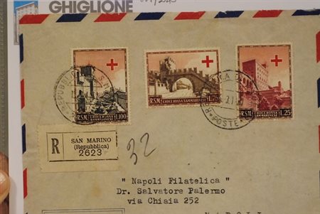 SAN MARINO - 1951, Pro Croce Rossa 3 valori cpl. (369/71) su raccomandata per...