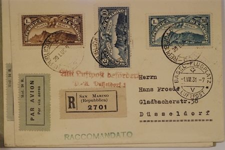 SAN MARINO - 1931, Posta aerea, Veduta 10 valori cpl. (1/10) su 3 buste per...