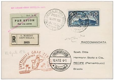 SAN MARINO - 1932, Posta aerea, 10 lire (10) su aerogramma Zeppelin...