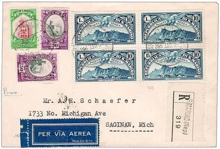 SAN MARINO - 1931, Posta aerea, 10 lire (10) quartina + 3 complementari (147,...