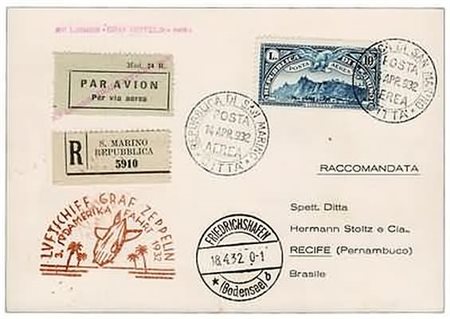 SAN MARINO - 1932, Posta aerea, Veduta 10 lire (10) su cartoncino-aerogramma...