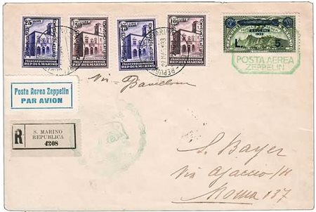 SAN MARINO - 1933, Posta aerea, Zeppelin 5 lire su 80 c. (12) + Palazzetto...