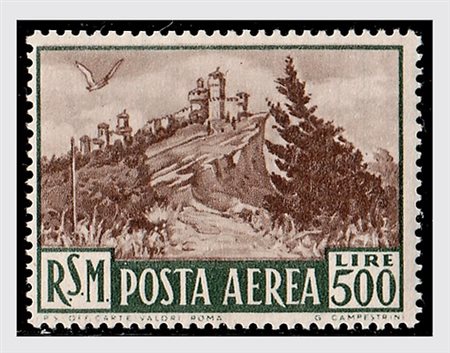 SAN MARINO - 1951, Posta aerea, Veduta 500 lire (97). (Cert.G.Bolaffi).(GOMMA...