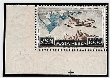 SAN MARINO - 1951, Posta aerea, "Bandierone" 1.000 lire (99) angolo di...