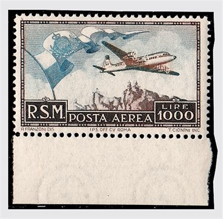 SAN MARINO - 1951, Posta aerea, "Bandierone" 1.000 lire (99) bordo in...