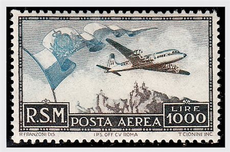 SAN MARINO - 1951, Posta aerea, 1.000 lire "Bandierone" (99).(GOMMA INTEGRA)