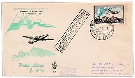 SAN MARINO - 1951, Posta aerea, 1000 lire "Bandierone" (99) su FDC Venetia...