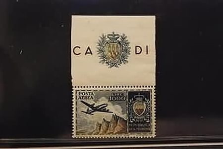 SAN MARINO - 1954, Posta aerea, Aereo, Veduta e Stemma 1.000 lire (112),...