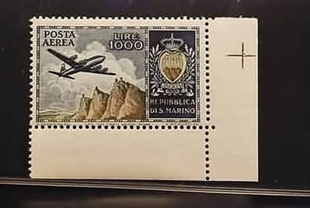 SAN MARINO - 1954, Posta aerea, Aereo, Veduta e Stemma 1.000 lire (112),...