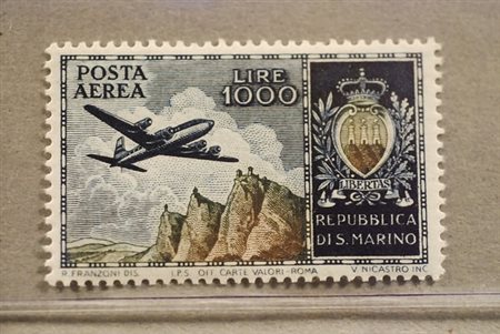 SAN MARINO - 1954, Posta aerea, Aereo, Veduta e Stemma 1.000 lire...