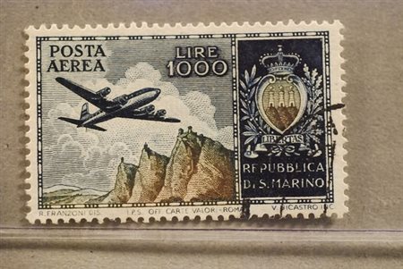 SAN MARINO - 1954, Posta aerea, Aereo, Veduta e Stemma 1000 lire (112).(USATO)