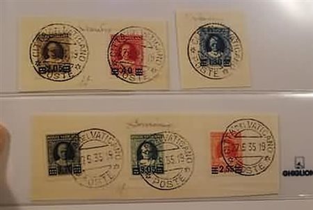 VATICANO - 1934-37, Provvisoria 6 valori cpl. (35/40) su 3 frammentini. (A....