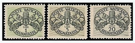 VATICANO - 1946, Segnatasse, righe larghe su carta grigia 3 valori cpl....