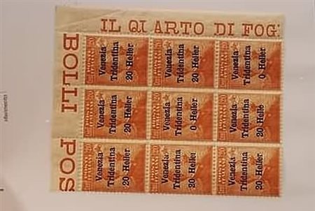 TERRE REDENTE - 1918, TRENTINO-ALTO ADIGE, 20 h. su 20 c.arancio, blocco di 9...