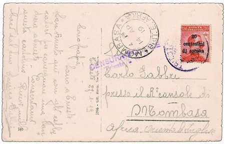 TERRE REDENTE - 1919, TRENTO E TRIESTE, 20 c. su 20 c. (5) su cartolina da...