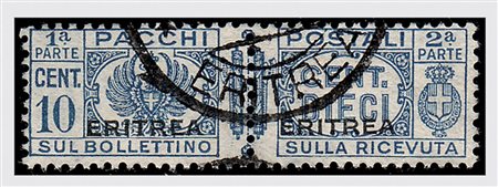 ERITREA - 1927, Pacchi postali, 10 c. azzurro "fascio" con soprastampa grande...