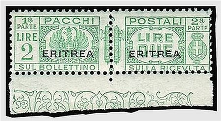 ERITREA - 1936, Pacchi postali, 2 lire verde (28) margine di foglio in basso....