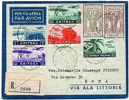 ETIOPIA - 1937, aerogramma da Addis Abeba per Roma, 10/7/37, affrancato con 6...
