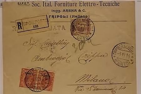 LIBIA - 1914, Leoni 10 c. (4) coppia + Michetti 50 c. (9) su raccomandata da...