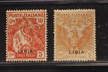 LIBIA - 1915-16, Pro Croce Rossa, 2 valori con la soprastampa fortemente...
