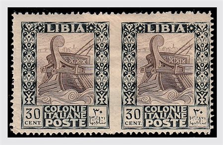 LIBIA - 1924, Pittorica 30 c., coppia orizzontale non dentellata al centro...