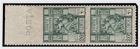LIBIA - 1926, Sibilla 20 c., coppia verticale non dentellata in alto e al...