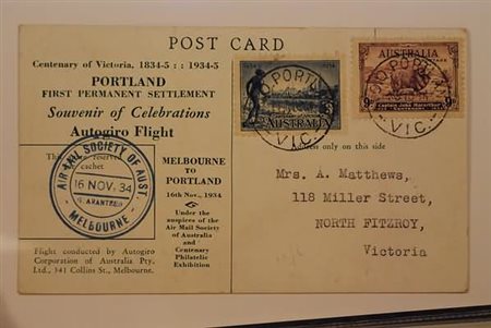 POSTA AEREA - 1934, AUSTRALIA, I Volo Autogiro, apposita cartolina affrancata...
