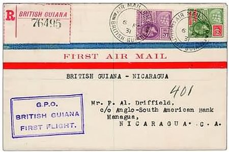 POSTA AEREA - 1931, BRITISH GUYANA, I Volo per il Nicaragua, aerogramma...