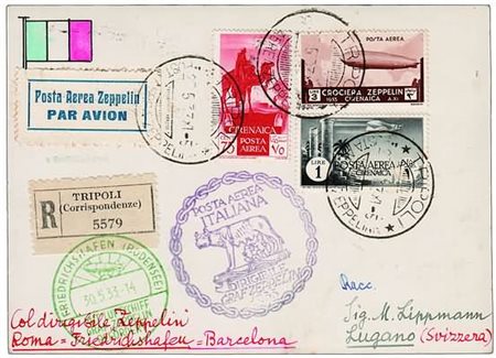 POSTA AEREA - 1933, CIRENAICA, Zeppelin, cartolina per la Svizzera affrancata...