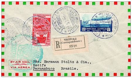 POSTA AEREA - 1933, CIRENAICA, Zeppelin, aerogramma da Tripoli per Pernambuco...