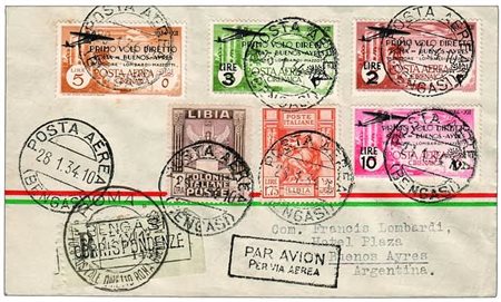POSTA AEREA - 1934, CIRENAICA, volo Roma-B. Aires, aerogramma affrancato con...