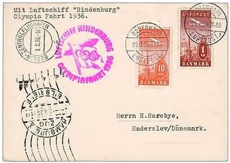 POSTA AEREA - 1936, DANIMARCA, Zeppelin Olimpiafahrt, aerogramma affrancato...