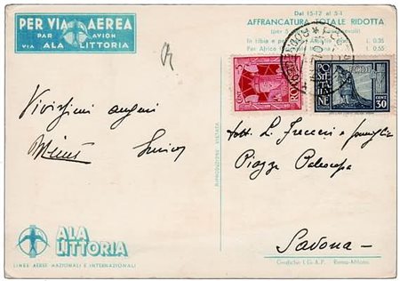 POSTA AEREA - 1939, EGEO, cartolina della Ala Littoria prestampata per...