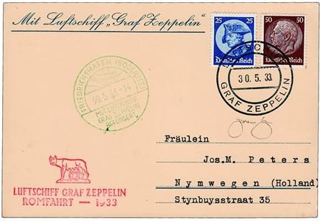 POSTA AEREA - 1933, GERMANIA, Zeppelin Romfahrt, aerogramma affrancato con 2...