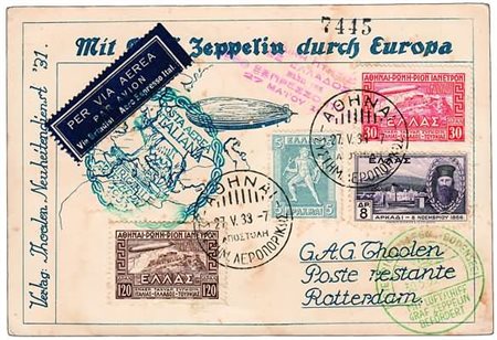 POSTA AEREA - 1933, GRECIA, Zeppelin, aerogramma affrancato con 2 appositi...