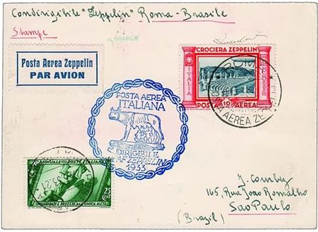 POSTA AEREA - 1933, ITALIA, Zeppelin, aerogramma da Roma per S. Paolo...