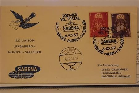 POSTA AEREA - 1957, LUSSEMBURGO, I volo Lussemburgo-Monaco-Salisburgo,...
