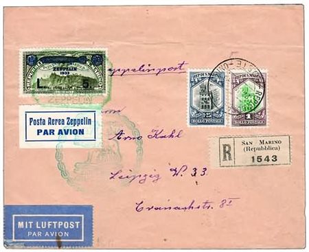 POSTA AEREA - 1933, S. MARINO, Zeppelin, aerogramma per Lipsia affrancato con...