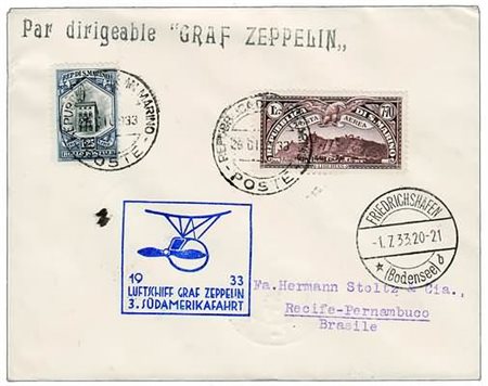 POSTA AEREA - 1933, S. MARINO, Zeppelin, III Sudamerikafahrt aerogramma...