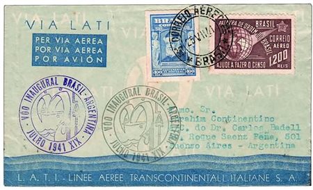 POSTA AEREA - 1939, BRASILE, I Volo L.A.T.I. Pernambuco - B.Aires, aerogramma...
