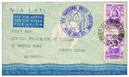 POSTA AEREA - 1941, BRASILE, I Volo L.A.T.I. Pernambuco - B.Aires, aerogramma...