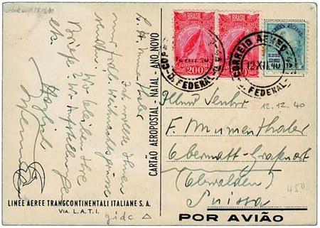 POSTA AEREA - 1940, BRASILE, cartolina "Trimotore e sfondo di vela" con...