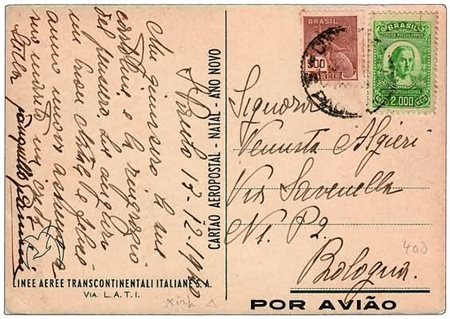 POSTA AEREA - 1940, BRASILE, cartolina "Profilo di trimotore e caravella" con...