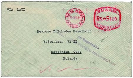 POSTA AEREA - 1941, BRASILE, aerogramma da Rio de Janeiro per l'Olanda,...
