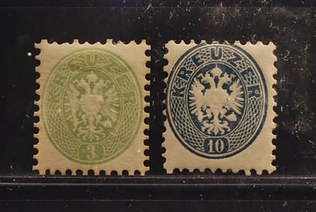 AUSTRIA - 1863-64, Aquila dent. 9 1/2, 2 valori (28, 31).(GOMMA ORIGINALE)