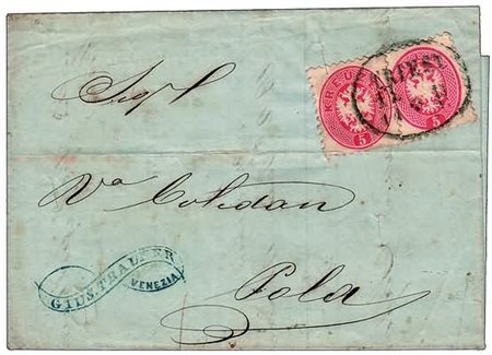 AUSTRIA - 1865, 5 k. rosa (29) in affrancatura mista con 5 soldi di Lombardo...