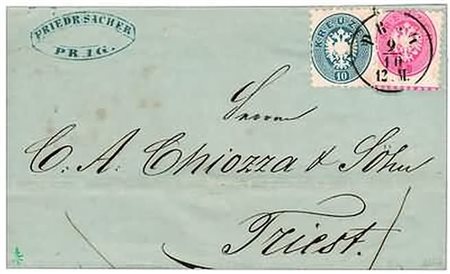 AUSTRIA - 1864, 5 k. rosa (29) con riga di colore nella dentellatura...