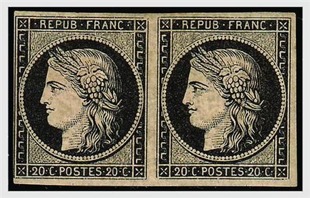 FRANCIA - 1849, Cerere 20 c. nero su giallo (3) coppia. (Cert. E....